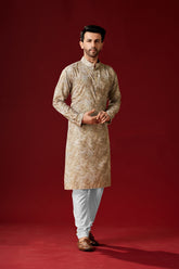 Ensemble pyjama Kurta en coton imprimé beige pour homme